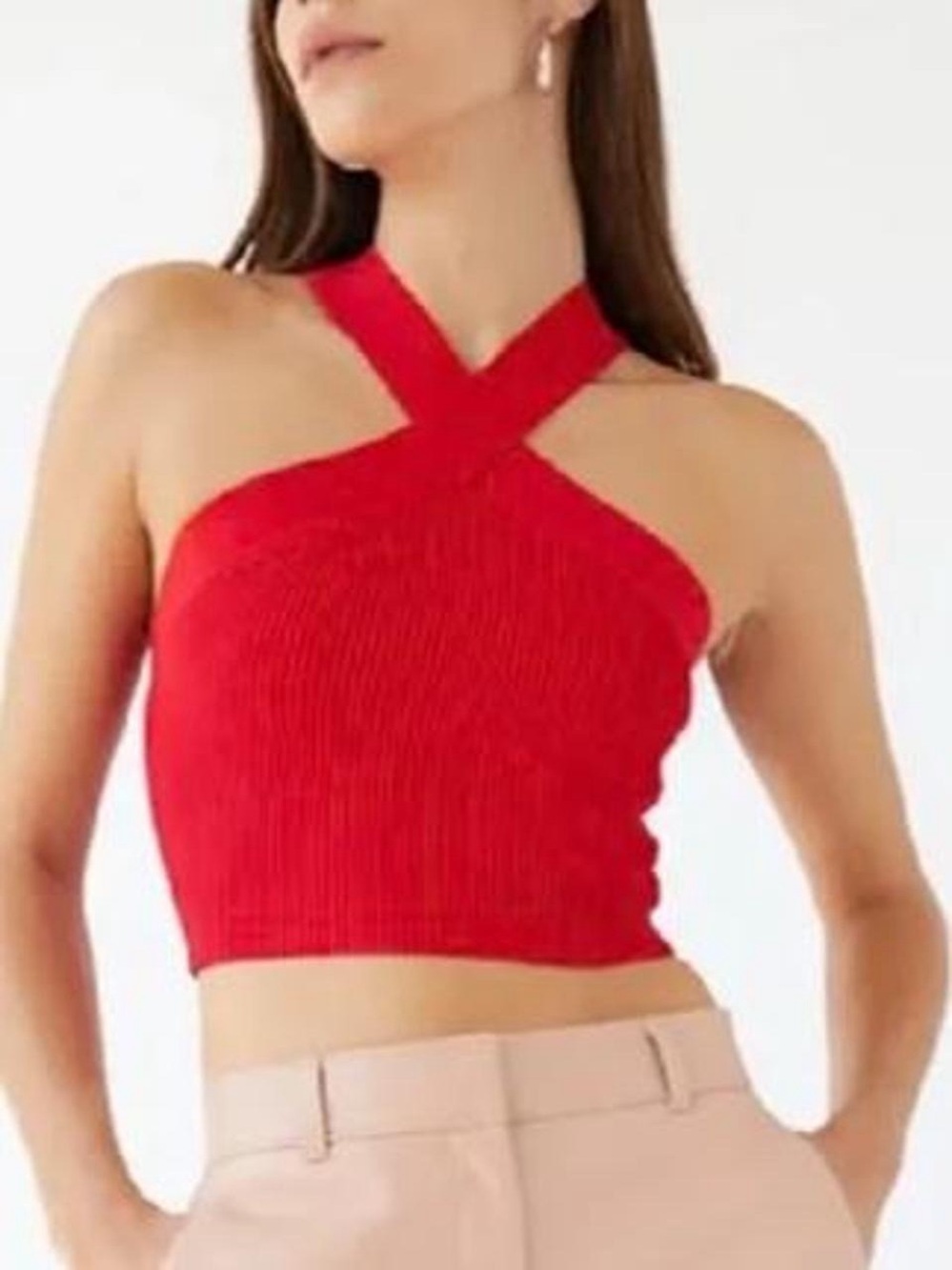 Aritzia Babaton Babaton Sculpt Knit Criss Cross Cropped Tank in Cherry Red.